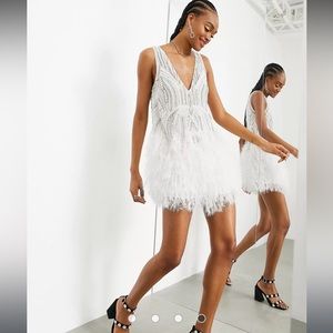 ASOS EDITION crystal and bead mini dress with faux feather hem in white
